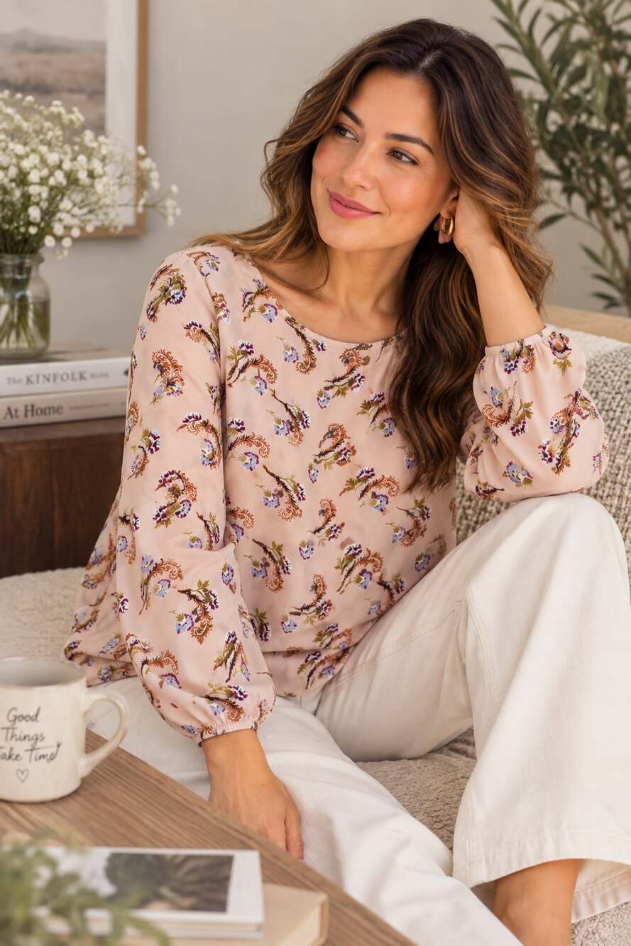 LT29 Size L Banana Republic Blush Floral Paisley Long Sleeve Blouse